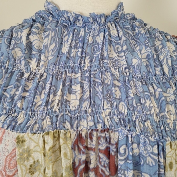 Free People Merrie Mix Floral Print Smocked Chiffon Tunic Rouched Blouse Lilac - Picture 8 of 16